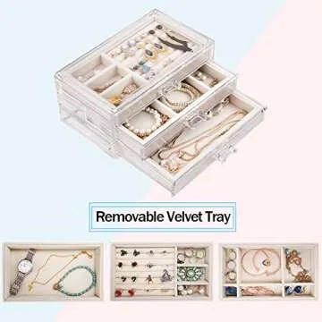 Elegant Tasybox Clear Jewelry Box with 3 Velvet Drawers