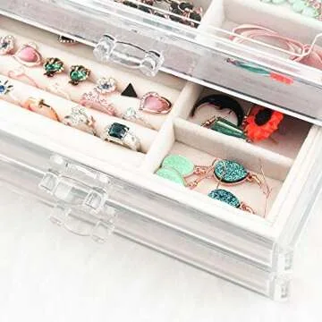 Elegant Tasybox Clear Jewelry Box with 3 Velvet Drawers