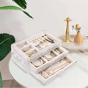 Elegant Tasybox Clear Jewelry Box with 3 Velvet Drawers