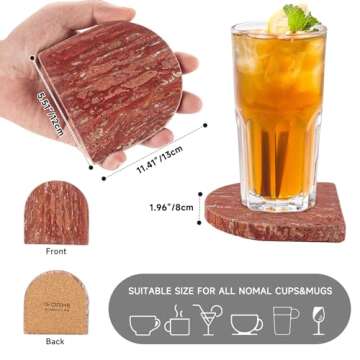 WORHE Marble Coaster for Drinks Set of 5 Natural Travertine Coasters for Home Decor Coffee Table, Modern Style Stone Cup Mat for Housewarming Party Hotel Bar Christmas Anniversary Present Red (WH027)