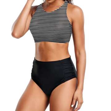 Holipick Women High Waisted Two Piece Bikini Set Racerback Bathing Suit Sporty Crop Top with Bottom for Teen Girls
