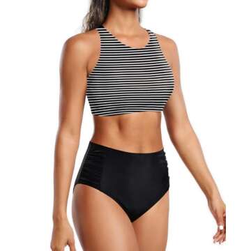 Holipick Women High Waisted Two Piece Bikini Set Racerback Bathing Suit Sporty Crop Top with Bottom for Teen Girls