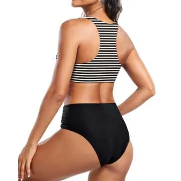 Holipick Women High Waisted Two Piece Bikini Set Racerback Bathing Suit Sporty Crop Top with Bottom for Teen Girls