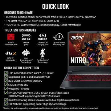 Acer Nitro 5 AN515-57-79TD Gaming Laptop | Intel Core i7-11800H | NVIDIA GeForce RTX 3050 Ti Laptop GPU | 15.6" FHD 144Hz IPS Display | 8GB DDR4 | 512GB NVMe SSD | Killer Wi-Fi 6 | Backlit Keyboard