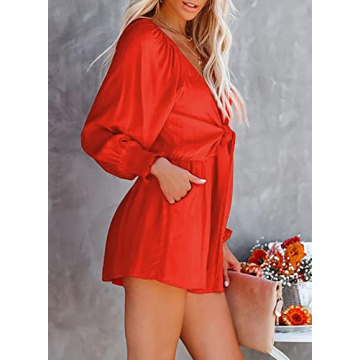 Bdcoco V Neck Tie Front Romper for Women with Pockets