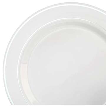 OCCASIONS 50 Plates Pack (25 Guests)-Heavyweight Wedding Party Disposable Plastic Plate Set -25 x 10.5'' Dinner + 25 x 7.5'' Salad/Dessert plates (White & Silver Rim)
