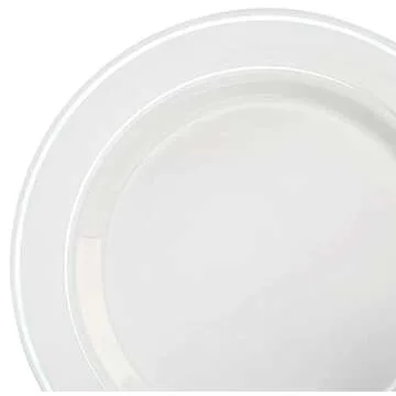 OCCASIONS 50 Plates Pack (25 Guests)-Heavyweight Wedding Party Disposable Plastic Plate Set -25 x 10.5'' Dinner + 25 x 7.5'' Salad/Dessert plates (White & Silver Rim)