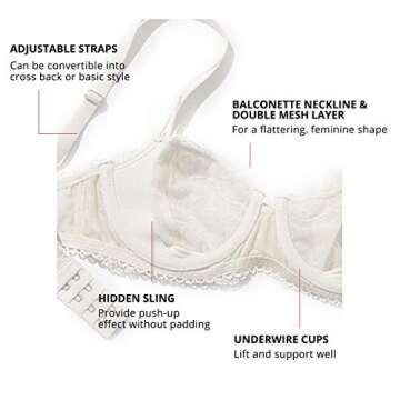 DOBREVA Women's Sexy Lace Bra Underwire Balconette Unlined Demi Sheer Plus Size Ivory 32DD
