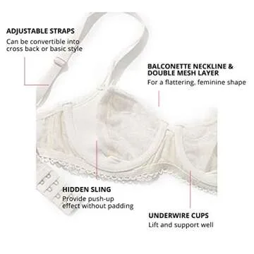 DOBREVA Women's Sexy Lace Bra Underwire Balconette Unlined Demi Sheer Plus Size Ivory 32DD