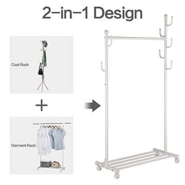 Stylish SINGAYE 2-in-1 Clothes Rack with Wheels and Shelves
