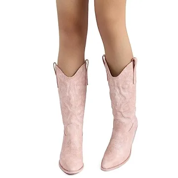 Stylish Cowgirl Boots Embroidered Stitching Chunky Heel