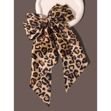Hair Bows for Women Big Bow Hair Clips with Long Tail Hair Ribbon Satin Leopard Hair Bow Barrette for Women and Girls Ponytail Hair Accessories, Pack of 1 (Camel)