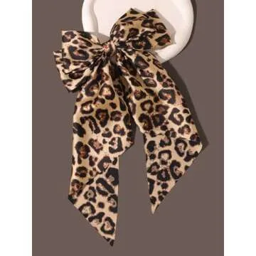Hair Bows for Women Big Bow Hair Clips with Long Tail Hair Ribbon Satin Leopard Hair Bow Barrette for Women and Girls Ponytail Hair Accessories, Pack of 1 (Camel)