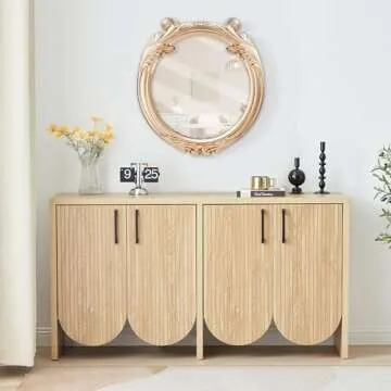 Janmer Home 57.87" Fluted Sideboard Buffet Cabinet with Storage, Accent Cabinet Credenza with 4 Curved Doors, Buffet Cabinet with Adjustable Shelves for Kitchen, Living Room (4 Door, Natural)