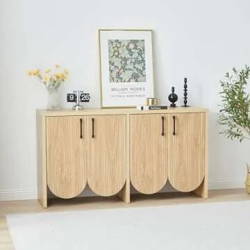 Janmer Home 57.87" Fluted Sideboard Buffet Cabinet with Storage, Accent Cabinet Credenza with 4 Curved Doors, Buffet Cabinet with Adjustable Shelves for Kitchen, Living Room (4 Door, Natural)