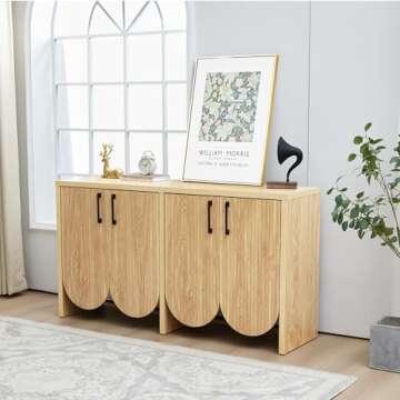 Janmer Home 57.87" Fluted Sideboard Buffet Cabinet with Storage, Accent Cabinet Credenza with 4 Curved Doors, Buffet Cabinet with Adjustable Shelves for Kitchen, Living Room (4 Door, Natural)
