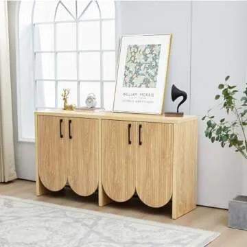 Janmer Home 57.87" Fluted Sideboard Buffet Cabinet with Storage, Accent Cabinet Credenza with 4 Curved Doors, Buffet Cabinet with Adjustable Shelves for Kitchen, Living Room (4 Door, Natural)