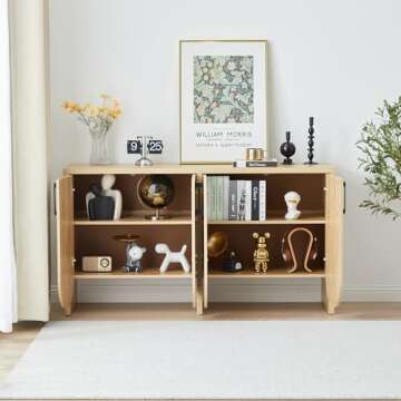 Janmer Home 57.87" Fluted Sideboard Buffet Cabinet with Storage, Accent Cabinet Credenza with 4 Curved Doors, Buffet Cabinet with Adjustable Shelves for Kitchen, Living Room (4 Door, Natural)