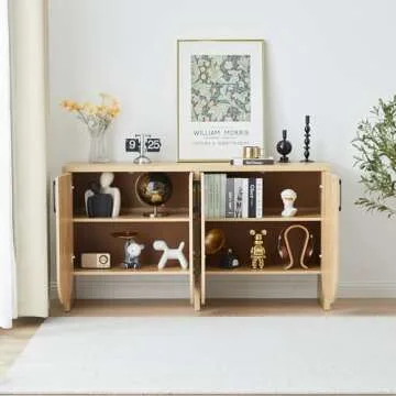 Janmer Home 57.87" Fluted Sideboard Buffet Cabinet with Storage, Accent Cabinet Credenza with 4 Curved Doors, Buffet Cabinet with Adjustable Shelves for Kitchen, Living Room (4 Door, Natural)