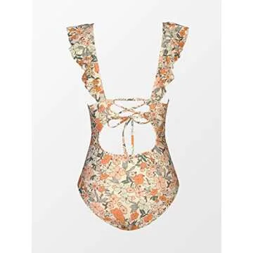 CUPSHE One Piece Swimsuit for Women Deep V Neck Ruffle Tummy Control Back Tie Floral Print Bathing Suits