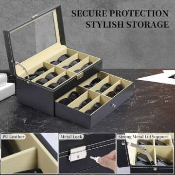 AUTOARK Leather 12 Piece Eyeglasses Storage and Sunglass Glasses Display Drawer Lockable Case Organizer,Black,AW-023