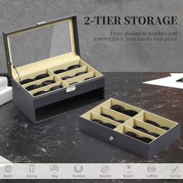 AUTOARK Leather 12 Piece Eyeglasses Storage and Sunglass Glasses Display Drawer Lockable Case Organizer,Black,AW-023