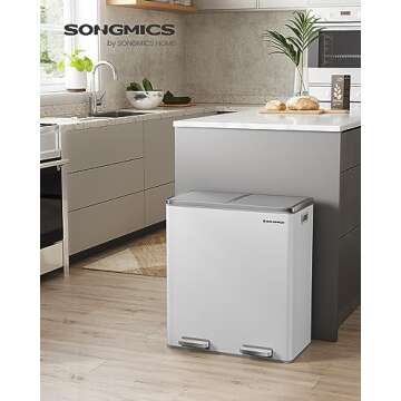 SONGMICS Trash Can, 2 x 8 Gallon (2 x 30 L) Garbage Can for Kitchen, with 15 Trash Bags, 2 Compartments, Plastic Inner Buckets and Hinged Lids, Airtight, White and Gray ULTB60WT