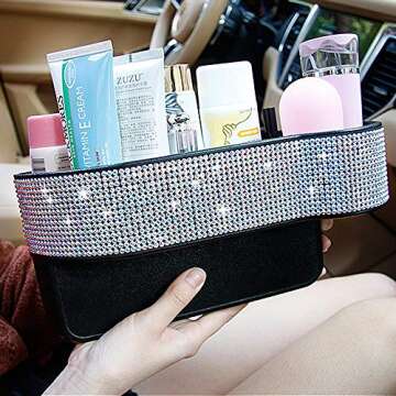Exquisite Car Front Seat Organizer - Seat Side Storage Box Gap Filler for Ms. Aristocracy with Bling Matrix Diamond Console Mobile Phone Cards Coin Money Beverage and Cup Holder