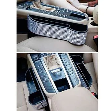 Exquisite Car Front Seat Organizer - Seat Side Storage Box Gap Filler for Ms. Aristocracy with Bling Matrix Diamond Console Mobile Phone Cards Coin Money Beverage and Cup Holder