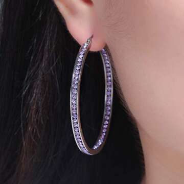 CiNily Purple Cubic Zirconia Stainless Steel Hoop Earring for Women Hypoallergenic Jewelry for Sensitive Ears Large Big Hoop Earrings 2"