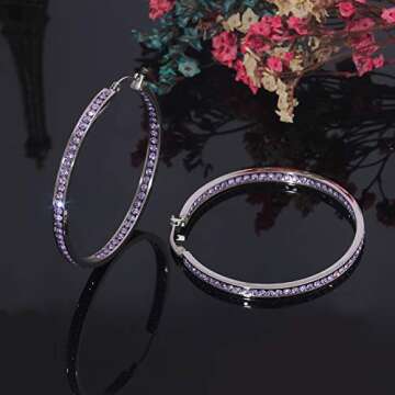 CiNily Purple Cubic Zirconia Stainless Steel Hoop Earring for Women Hypoallergenic Jewelry for Sensitive Ears Large Big Hoop Earrings 2"