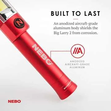 NEBO BIG LARRY 2 Battery Powered Aluminum Work Light 500 Lumens, Pocket Clip Magnetic Base for Hands-Free Lighting Portable COB LED Dimmable FlashlightHazard Light-Red