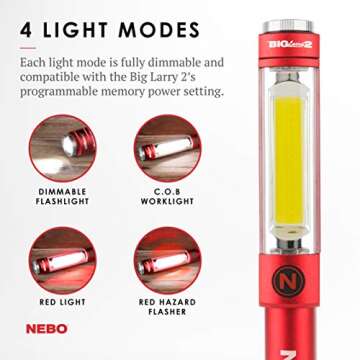 NEBO BIG LARRY 2 Battery Powered Aluminum Work Light 500 Lumens, Pocket Clip Magnetic Base for Hands-Free Lighting Portable COB LED Dimmable FlashlightHazard Light-Red
