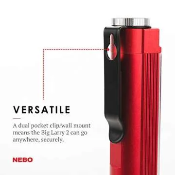 NEBO BIG LARRY 2 Battery Powered Aluminum Work Light 500 Lumens, Pocket Clip Magnetic Base for Hands-Free Lighting Portable COB LED Dimmable FlashlightHazard Light-Red