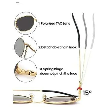 Veda Tinda Vision Black Sunglasses For Women Trendy Retro 70s 90s Festival Tinted Vintage Polarized Metal Frame Oversized Square Shades Womens Accessories UV400 Protection with Glasses Chain C05S02