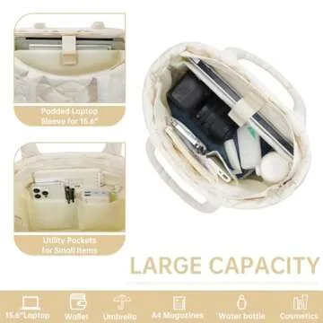 soewten Tote Bag for Women, Quilted Women Tote Bag with Zipper, Lightweight Puffer Work Bag Multiple Pockets, Shoulder Bag Handbags Top Handle Large Purse for Casual Work, Gift for Women Beige