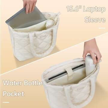 soewten Tote Bag for Women, Quilted Women Tote Bag with Zipper, Lightweight Puffer Work Bag Multiple Pockets, Shoulder Bag Handbags Top Handle Large Purse for Casual Work, Gift for Women Beige