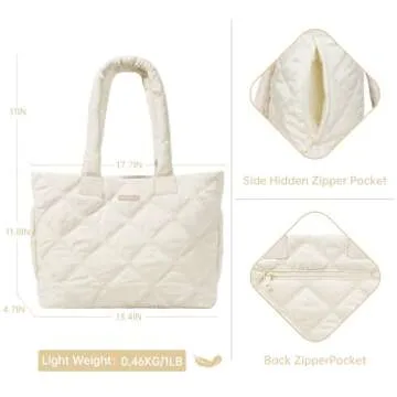 soewten Tote Bag for Women, Quilted Women Tote Bag with Zipper, Lightweight Puffer Work Bag Multiple Pockets, Shoulder Bag Handbags Top Handle Large Purse for Casual Work, Gift for Women Beige