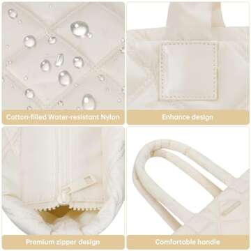 soewten Tote Bag for Women, Quilted Women Tote Bag with Zipper, Lightweight Puffer Work Bag Multiple Pockets, Shoulder Bag Handbags Top Handle Large Purse for Casual Work, Gift for Women Beige