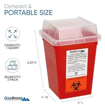 Oakridge Products Sharps Container for Home Use and Professional 1 Quart (3-Pack), Biohazard Needle ...