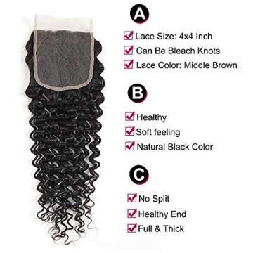 Aatifa Lace Rosa Brazilian Virgin Hair Deep Wave 3 Bundles with Free Part Closure, lace closure 100% Unprocessed Natural Color Can Be Dyed and Bleached, (20/22/24+18 Inch)