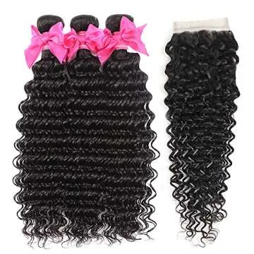 Aatifa Lace Rosa Brazilian Virgin Hair Deep Wave 3 Bundles with Free Part Closure, lace closure 100% Unprocessed Natural Color Can Be Dyed and Bleached, (20/22/24+18 Inch)