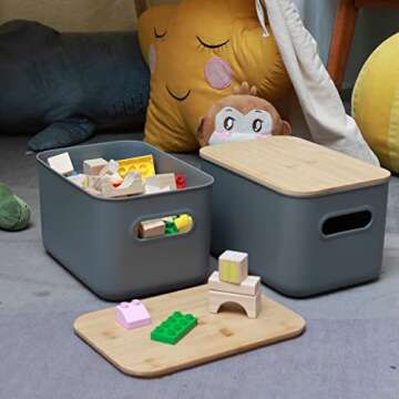 Citylife 4 Packs Plastic Storage Bins with Bamboo lids Stackable Storage Containers for Organizing, ...