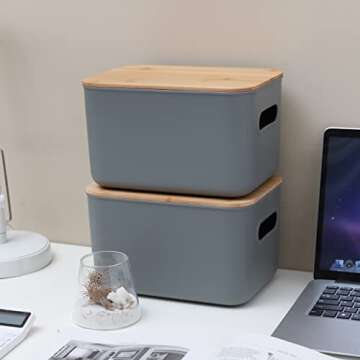 Citylife 4 Packs Plastic Storage Bins with Bamboo lids Stackable Storage Containers for Organizing, Bundled with Labels and Marker 10.24 x 7.01 x 6.1 inch