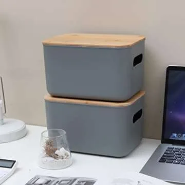 Citylife 4 Packs Plastic Storage Bins with Bamboo lids Stackable Storage Containers for Organizing, Bundled with Labels and Marker 10.24 x 7.01 x 6.1 inch