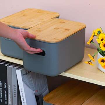 Citylife 4 Packs Plastic Storage Bins with Bamboo lids Stackable Storage Containers for Organizing, Bundled with Labels and Marker 10.24 x 7.01 x 6.1 inch