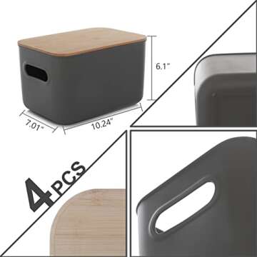 Citylife 4 Packs Plastic Storage Bins with Bamboo lids Stackable Storage Containers for Organizing, Bundled with Labels and Marker 10.24 x 7.01 x 6.1 inch