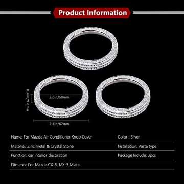 LECART Bling AC Knob Covers Fit for Mazda CX-3 CX-5 MX-5 Miata Crystal Air Conditioning Tune Knob Caps Cute Car Interior Accessories Metal Decor Trims 3 Pack
