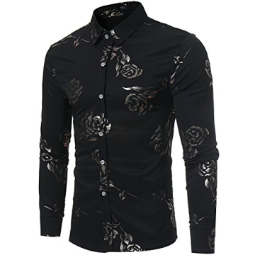 ZEROYAA Mens Hipster Gold Rose Printed Slim Fit Long Sleeve Dress Shirt - Perfect for Parties