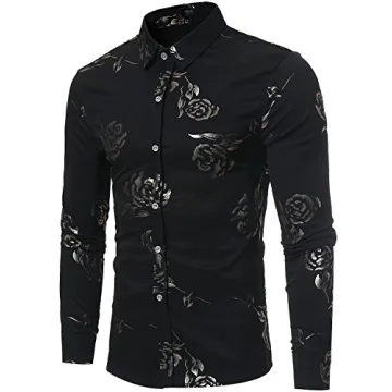 ZEROYAA Mens Hipster Gold Rose Printed Slim Fit Long Sleeve Dress Shirt - Perfect for Parties